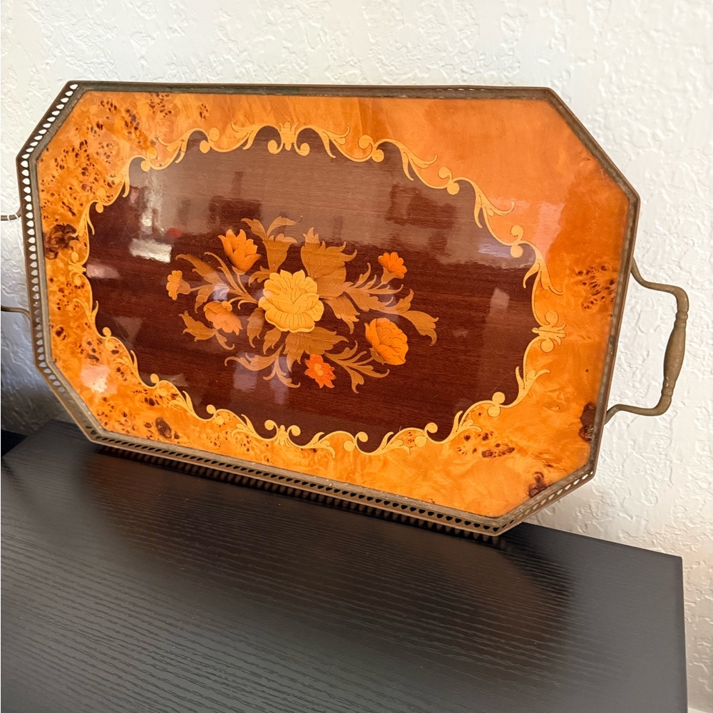 Vintage Italian Floral Wood Inlay with Brass Serving / Vanity Tray - - Picture 2 of 4